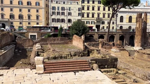 Panoramic overview largo di torre argentina rome italy four roman republican Stock Footage 321828503