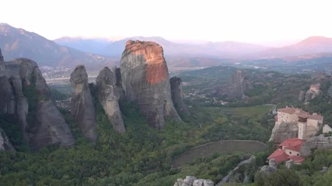 Panoramic panning landscape of Meteora rocks and monastery in Greece, Europe Stock Footage 151434181