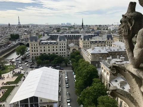 Panoramic Paris Cityscape with Eiffel Tower View from Notre Dame Cathedral Stock Photos