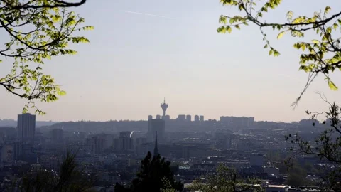 Panoramic Paris framed between branches from Montmartre Stock Footage 310347791
