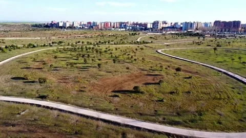 Panoramic of the paths of a pine park with the city in the background Stock Footage 267886724