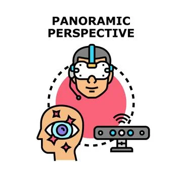 Panoramic perspective enjoying virtual reality experience and augmented visio Stockillustratie