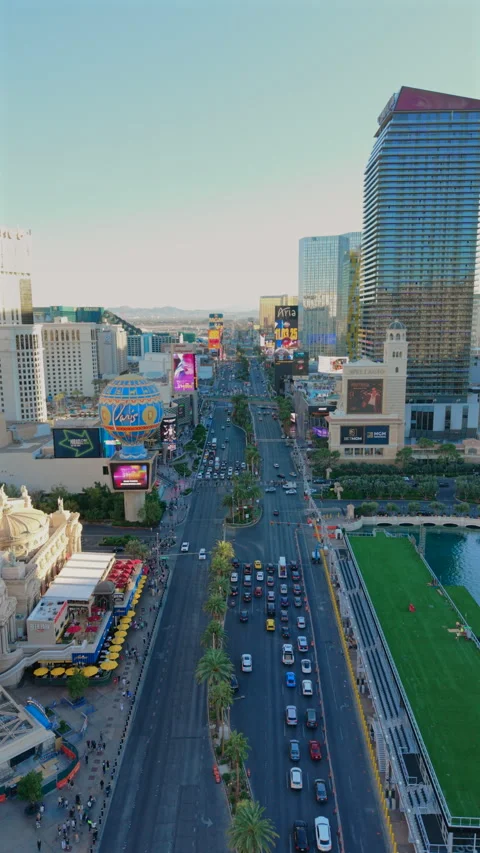 Panoramic perspective Las Vegas captures lively urban environment with luminous Stock Footage 321273660