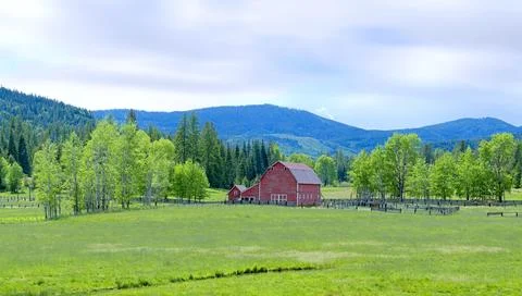 Panoramic photo of red barn in a green field. Stock Photos