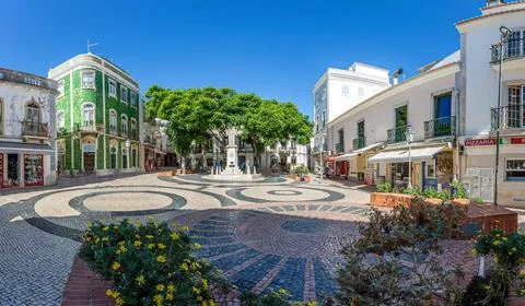 Panoramic picture of Praca gil Eannes in Lagos during daytime with blue skies Stock Photos