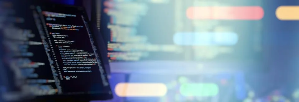 Panoramic programming background with financial analytics code and blurred co Stock Photos