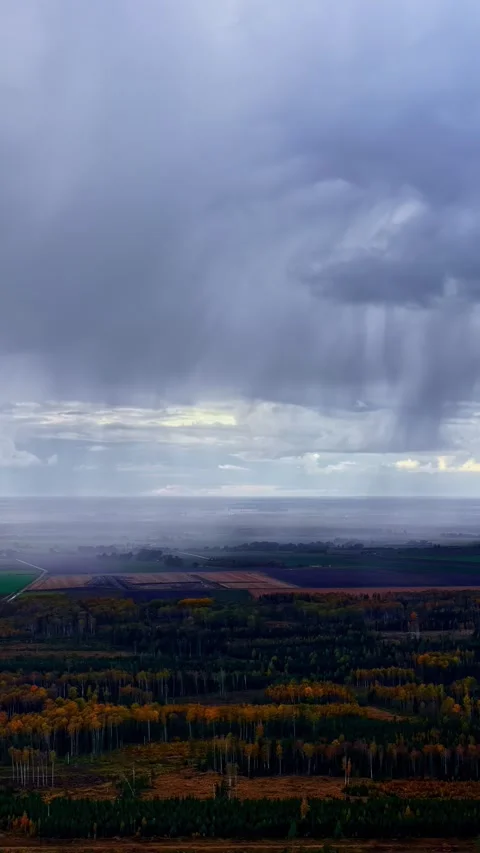 Panoramic Rain Clouds Passing Over Autumn Fields and Forests in Rural Stock Footage 336237755