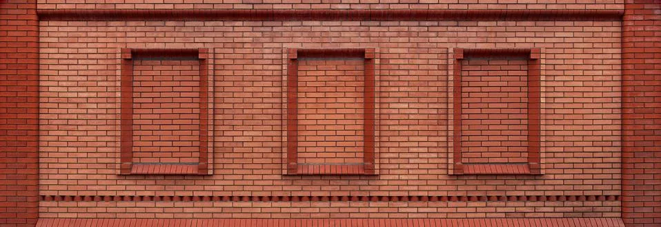 Panoramic red brick wall with window frames Stock Photos