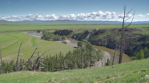 Panoramic river canyon landscape in Mongolia, rocky walls - Clouds and Dryland Stock Footage 339471643