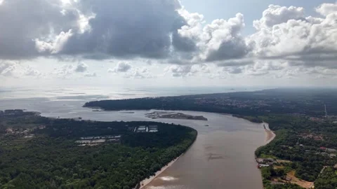 Panoramic river view shows green forests bordering the waterway Stock Footage 332605394