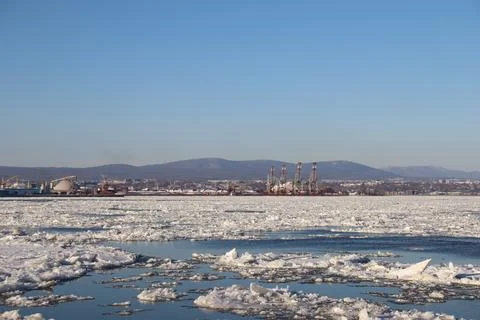 Panoramic of a riverside in winter Stock Photos