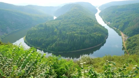 Panoramic of Saarschleife - Saar river loop in Saarland, Germany. landmarks Stock Footage 197838375