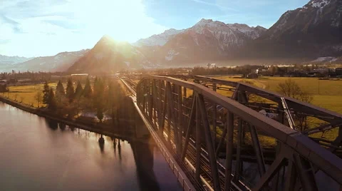 Panoramic scenery of beautiful bridge road landscape at sunset sky background Stock Footage 61371998