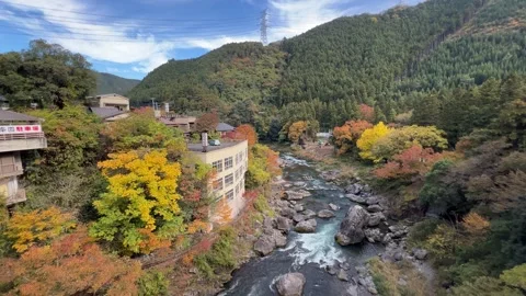 Panoramic scenery over Mitake Gorge in Tokyo during autumn colors Видео 332712247