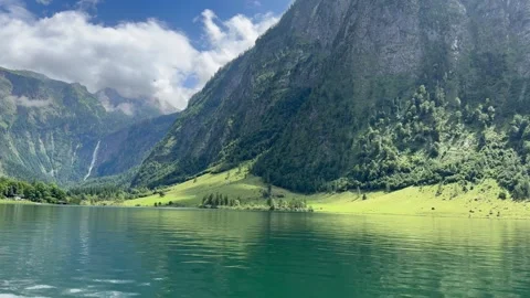 Panoramic, scenic view of Konigssee Lake. Rothbach waterfall. Bavaria, Germany Stock Footage 337882002