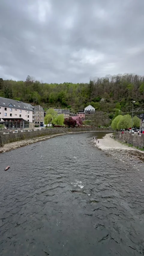 Panoramic, scenic view of La Roche en Ardenne town and riverfront. Belgium Stock Footage 310519909