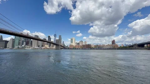 Panoramic, scenic view of Lower Manhattan. East River waves. New York City Stock Footage 337837547