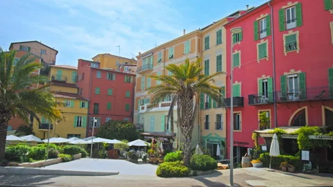 Panoramic scenic view of old colorful houses in Menton. Stock Footage 247222379