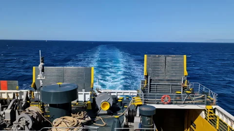Panoramic Sea sail on tip of a boat with lifebuoys ropes and navigation Stock Footage 276602258