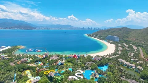 Panoramic sea view of Hon Tre island with Vinpearl Tourist Amusement Park. Видео 336923763