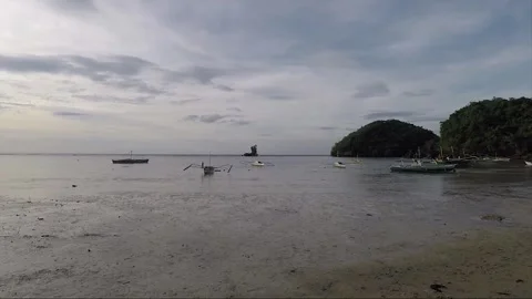 Panoramic Sea View, Low Tide, Outrigger Boats on the Beach, Negros, Philippines Stock Footage 336374859