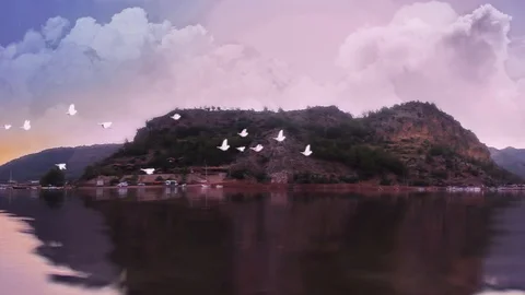 Panoramic seaside lakeside view with white birds. Stock Footage 93985668