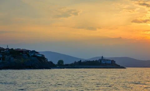 Panoramic seaview at sunset Stock Photos