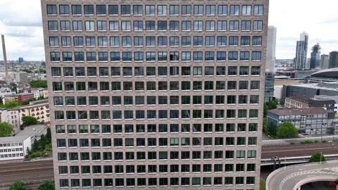 Panoramic shooting facade skyscraper. Flight through Frankfurt am Main Stock Footage 204059260