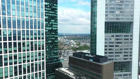 Panoramic shooting facade skyscraper. Flight through Frankfurt am Main Stock Footage 273843699