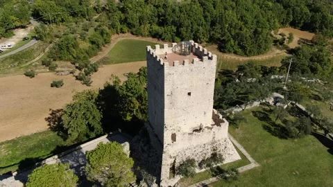 Panoramic shooting from top to bottom with drone at the ancient Acropolis Tower Stock Footage 147382919
