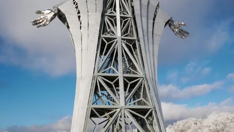 Panoramic shot of a  22 meter high, metal structure Jesus statue . Stock Footage 262559478