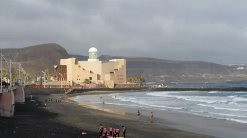 Panoramic shot of the Alfredo Kraus auditorium from Las Canteras beach. Stock Footage 223567912
