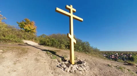 Panoramic shot from Bald Mountain in Samara, Russia including christian cross Stock Footage 62340157