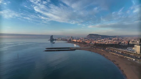 Panoramic shot of Barcelona beach. View of the coastline. Stock Footage 262086295