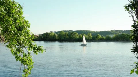 Panoramic shot beautiful landscape of wide river Dnieper with long bridge and Stock Footage 157698122