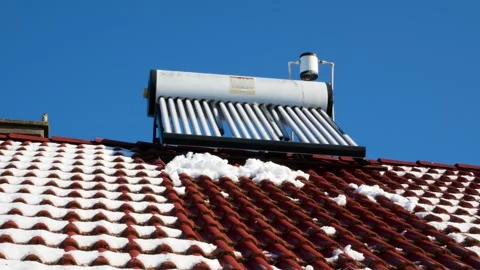 Panoramic shot, broken glass tubes on solar water heater Stock Footage 293192570