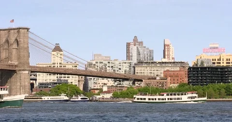 Panoramic shot of Brooklyn and Pier 15, East River Esplanade with ships Stock Footage 77262615