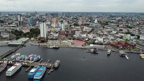 Panoramic shot of central Manaus and Negro river, Amazon, Brazil 4K Stock Footage 155463787