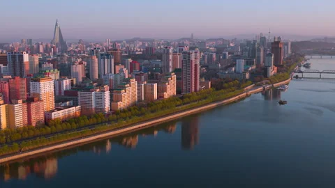 Panoramic shot of the central part of North Korea capital city Pyongyang 動画素材 342706220