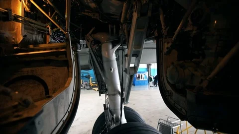 Panoramic shot of the chassis of a large passenger liner Boeing 737 from the Video stock 102617453