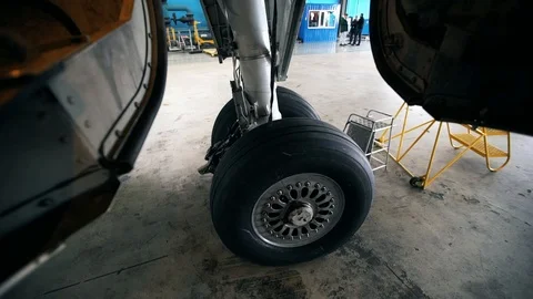 Panoramic shot of the chassis of a large passenger liner Boeing 737 from the Video stock 102617456