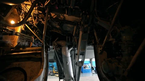 Panoramic shot of the chassis of a large passenger liner Boeing 737 from the Stock Footage 102617460
