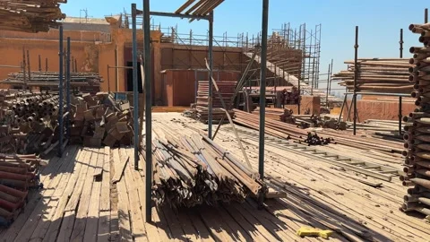 Panoramic shot of Construction Materials and Scaffolding During Historic Citadel Stock Footage 341994503