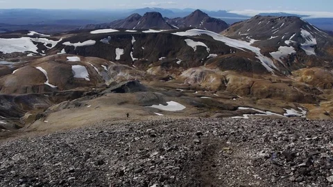 Panoramic shot of epic landscape with 2 hikers in Kerlingarfjöll, in Iceland Stock Footage 71292328