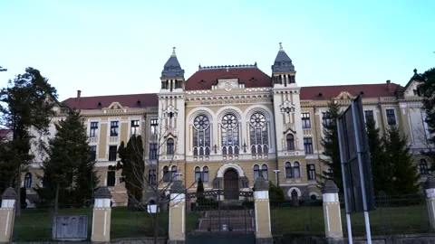 Panoramic shot , front view of the Marton Aron Catholic gymnasium. Stock Footage 321606051