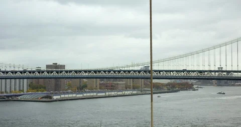 Panoramic Shot Of Iconic Impressive Manhattan Bridge In NYC On Hudson River  Stock Footage 112338186