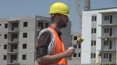 Panoramic shot inside construction site development, engineer with screwdrivers Stock Footage 50595187