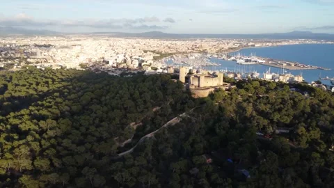 Panoramic shot left to right of Mellorca and Bellver Gotic Castle -  4k video Stock Footage 166575554