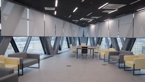 Panoramic shot of modern empty office, with panoramic windows Stock Footage 302473527