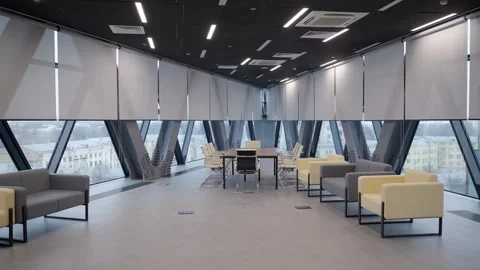 Panoramic shot of modern empty office, with panoramic windows Stock Footage 302473530